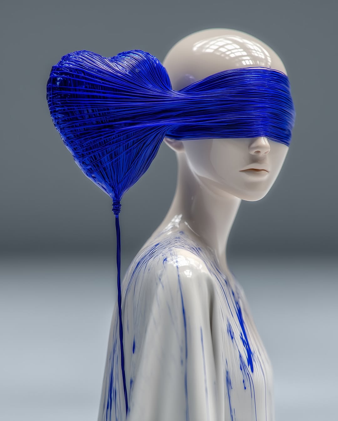 Mannequin head and torso covered in blue paint, strings, and blindfold in a studio setting with neutral background for art or beauty.