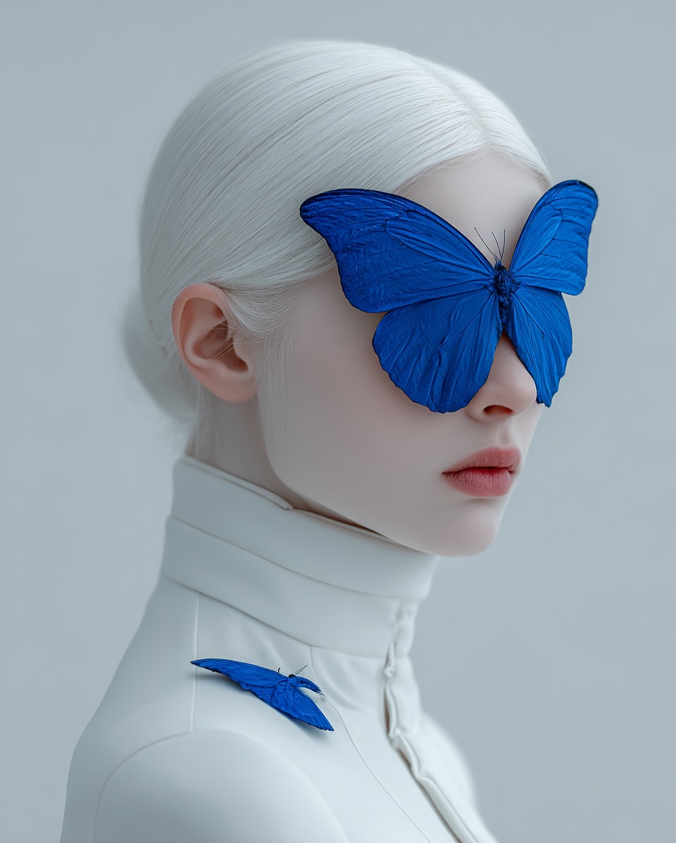 Profile view of adult female with albino hair wearing white jacket with blue butterfly accessory covering one eye in photo studio.