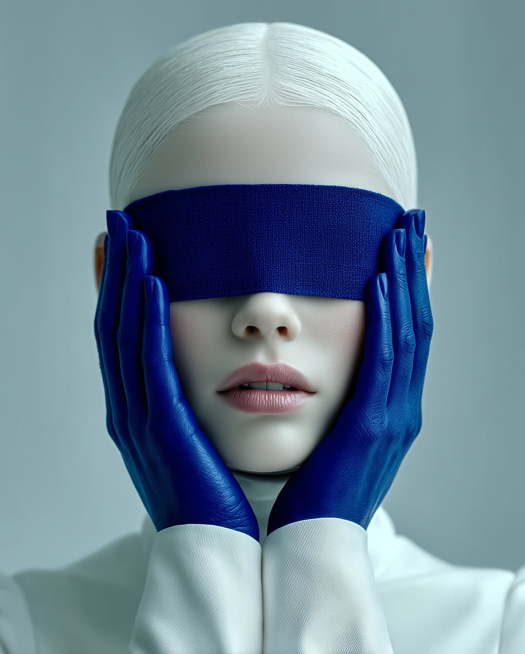 Close-up studio portrait of a fair-skinned woman with platinum blonde hair and a blue blindfold, her blue painted hands framing her face.