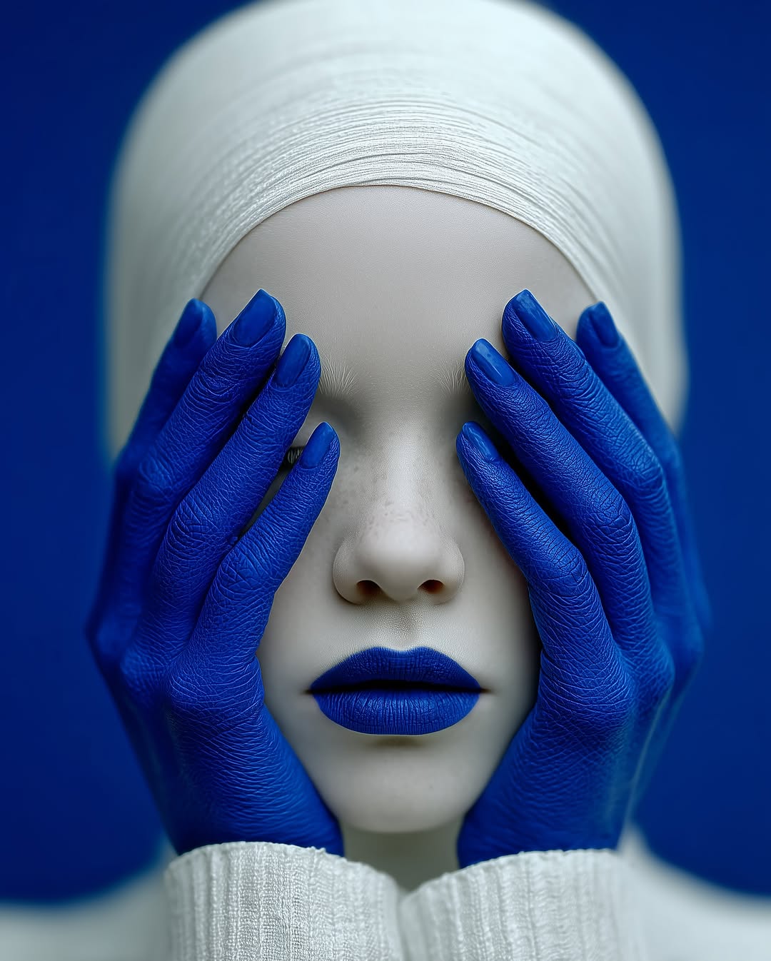 A headshot of a light-skinned woman with hands painted blue covering her eyes, wearing a white head covering and bold blue lipstick.