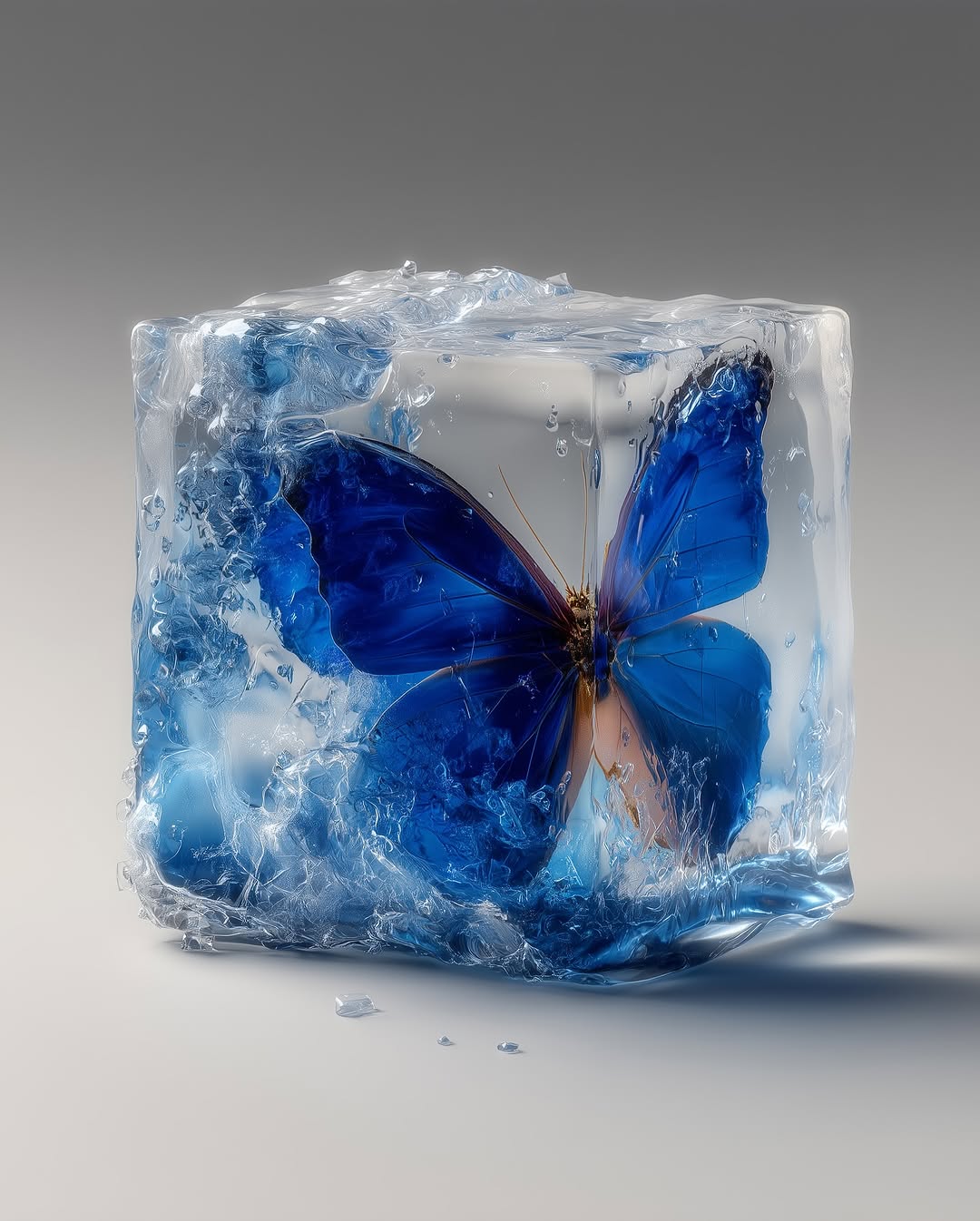 Blue butterfly frozen inside a clear ice cube. Close-up studio shot with cool tones and smooth background showcasing textures and detail.