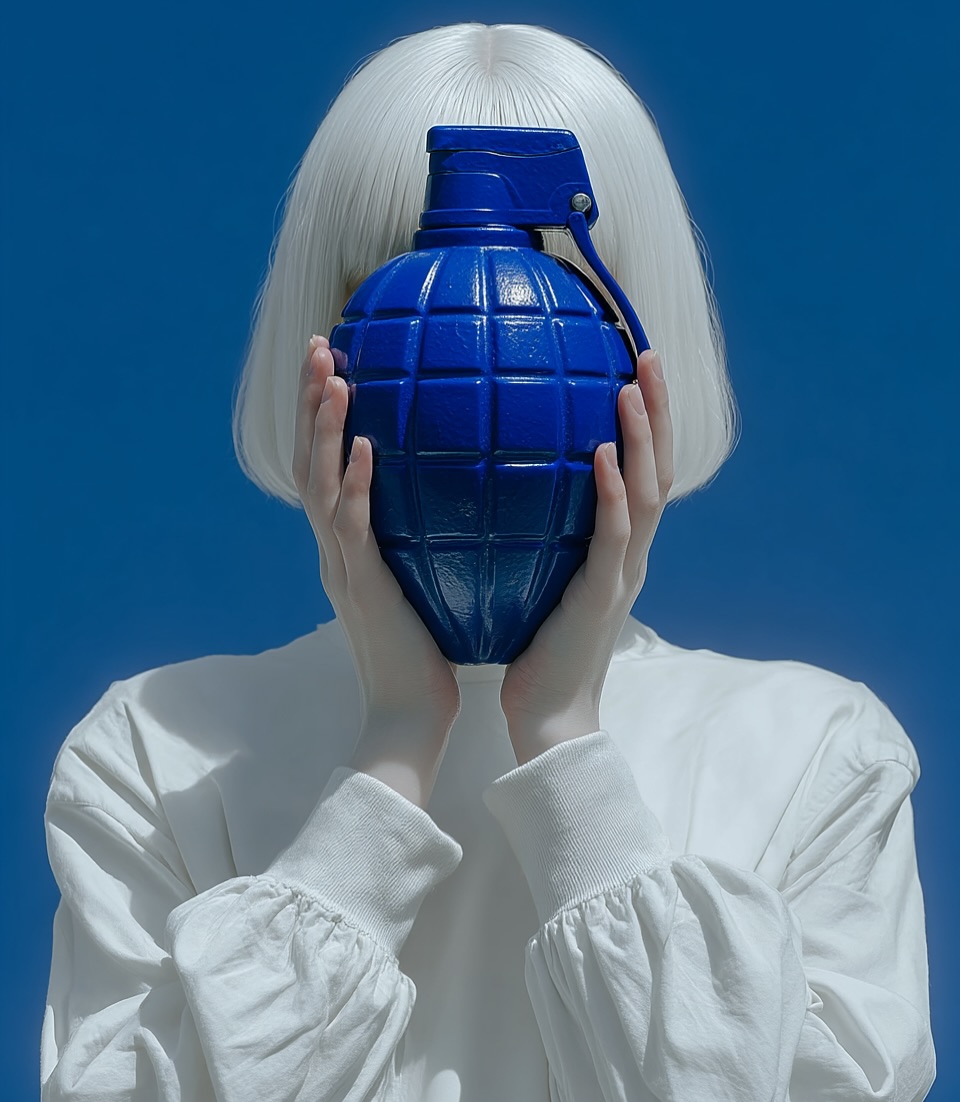 Person with white hair holds a blue grenade in front of their face against a plain blue background, wearing a white sweater.