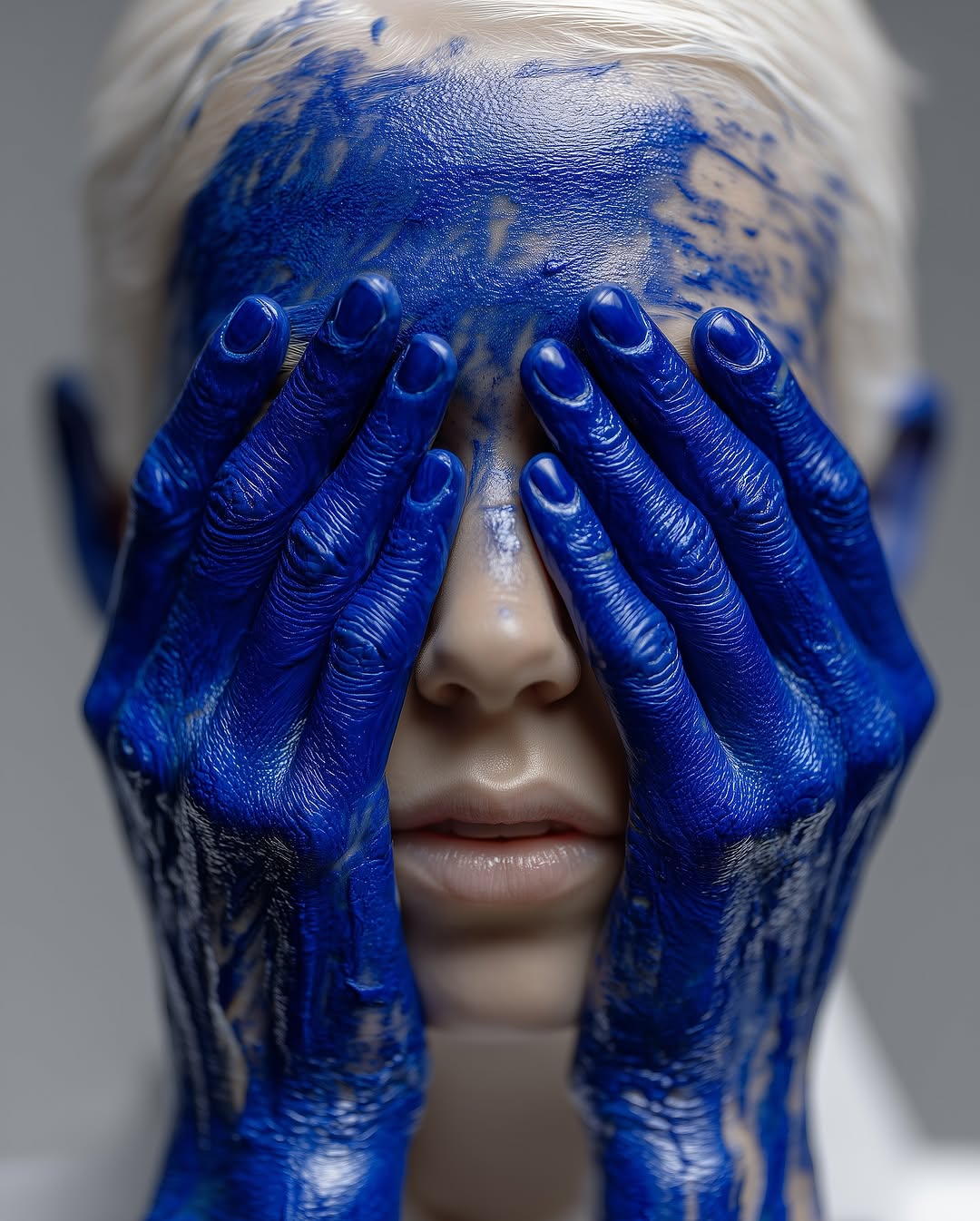 Close-up portrait of a person with pale skin and blonde hair, face and hands covered in bright blue paint, set against a grey background.