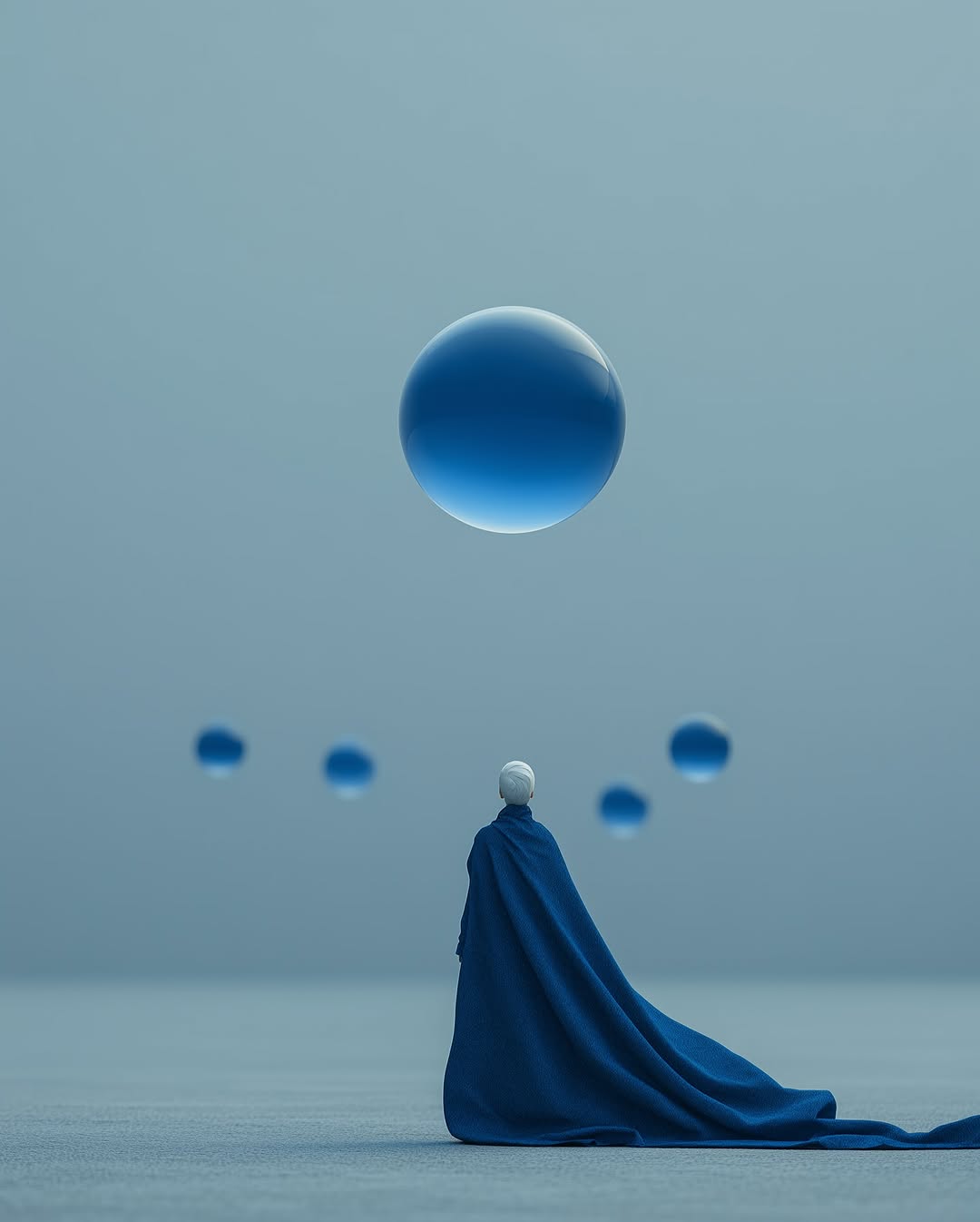 Figure in long blue cape gazing at blue spheres in muted light blue setting, digital art creation.