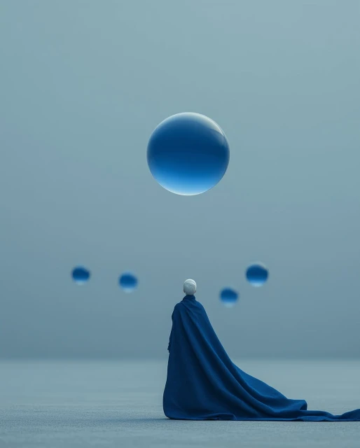 Figure in long blue cape gazing at blue spheres in muted light blue setting, digital art creation.