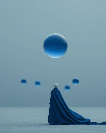 Figure in long blue cape gazing at blue spheres in muted light blue setting, digital art creation.