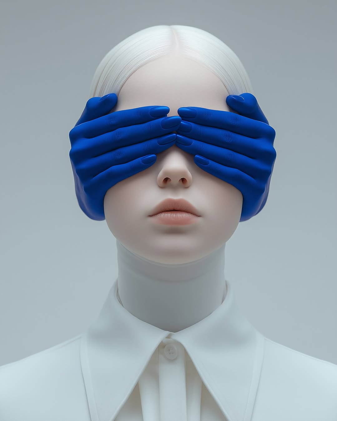 Studio shot of albino woman with blue-painted hands covering her eyes, wearing a white collared shirt and jacket against a grey background.