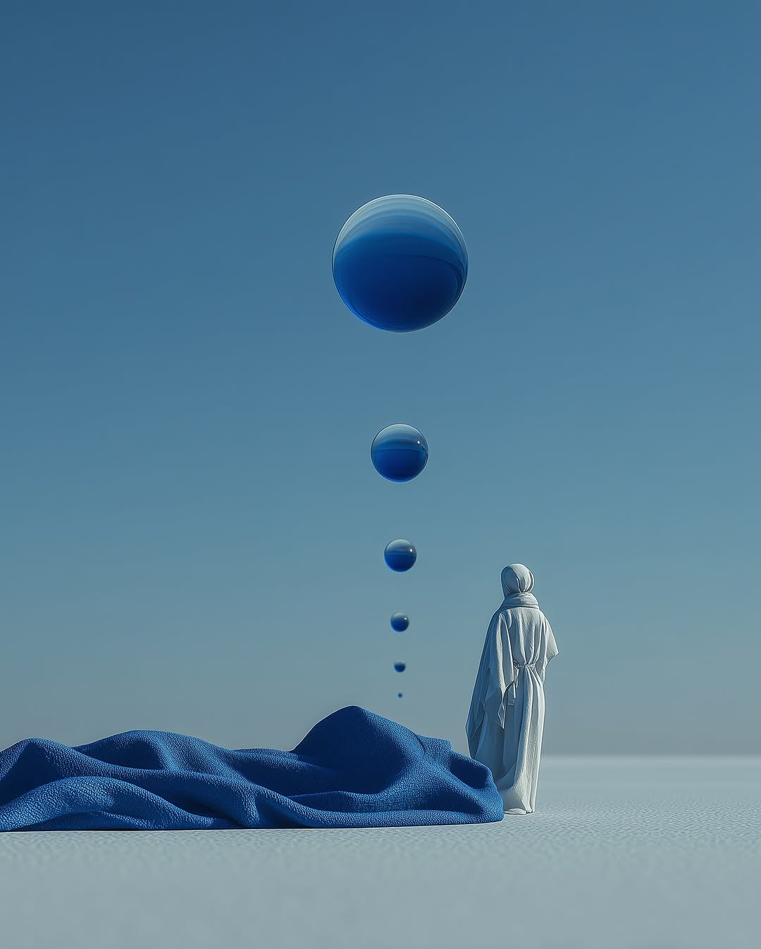Surreal scene with a person in a white robe facing a series of blue spheres and a draped blue fabric on a white surface.