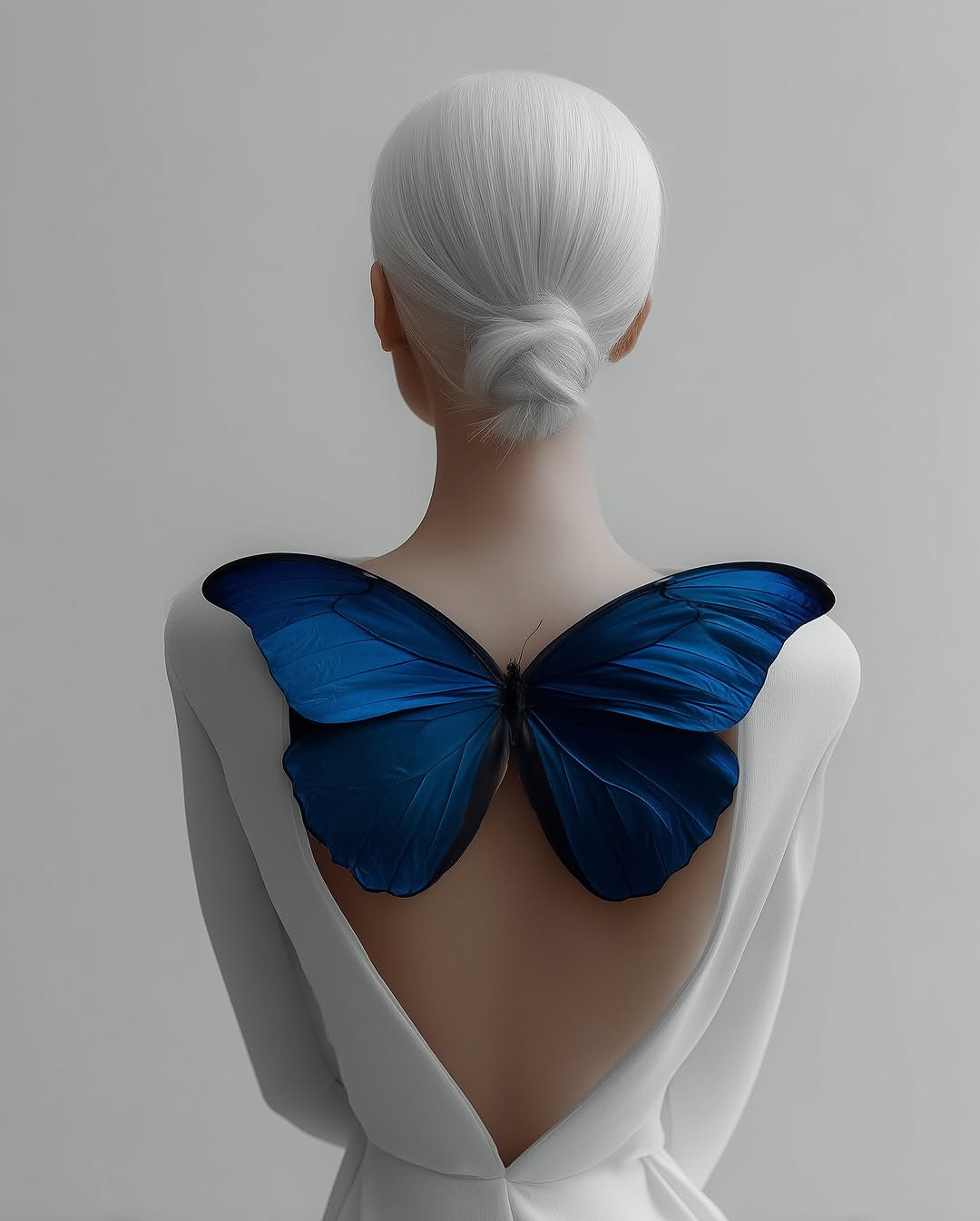 Back view of a person with silvery white hair wearing a white dress with a large blue butterfly attached at the back.
