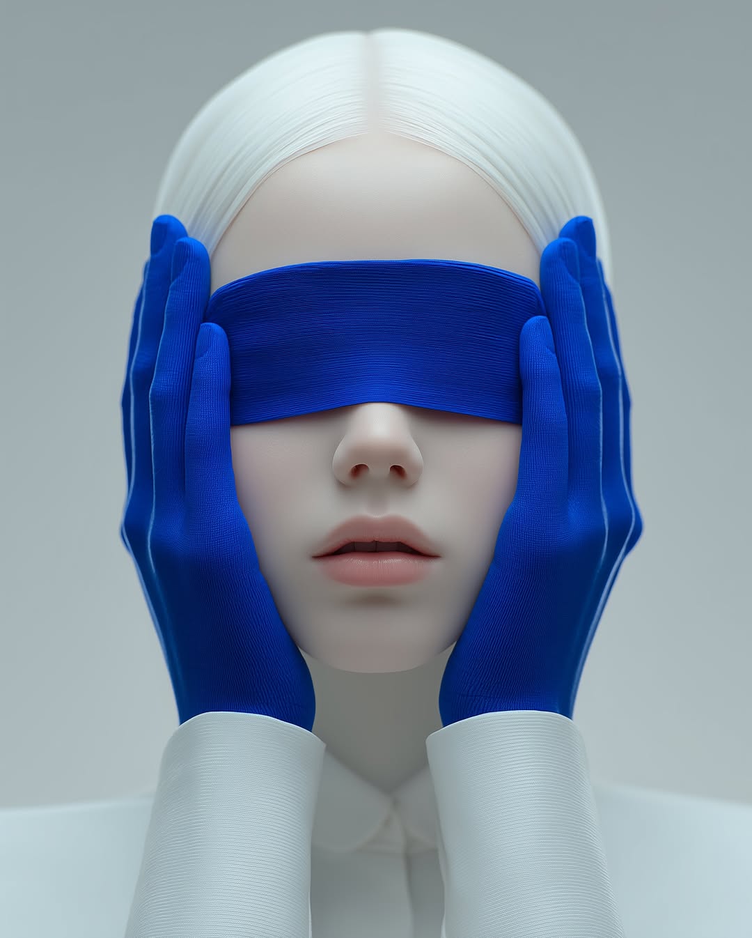 Headshot of a person with fair skin, white hair, and blue gloves covering the eyes against a pale backdrop in a studio setting.