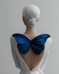 Rear view of a woman with white hair in a low bun wearing a white backless dress with large blue butterfly wings attached to her back.
