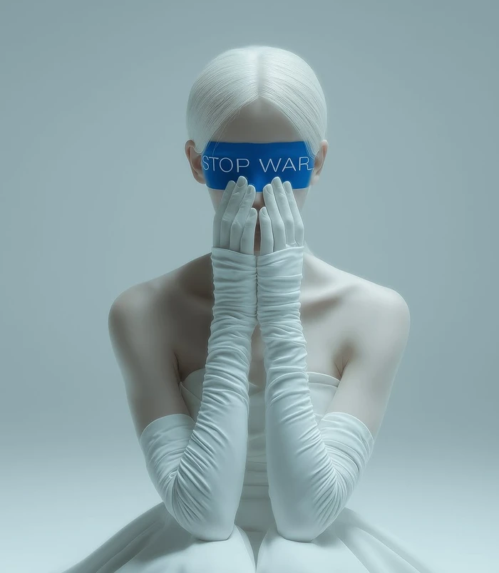 AI generated portrait of a woman with white hair wearing a blue blindfold with STOP WAR text and white gloves covering her mouth.