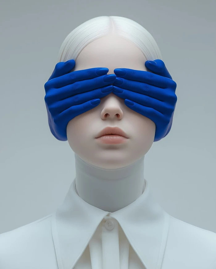 Portrait of a white-haired woman wearing a white collared shirt with vibrant blue hands covering her eyes, against a plain grey backdrop.