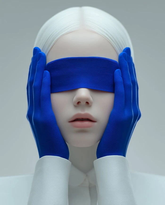 Close-up portrait of a woman with white hair covering eyes with bright blue gloved hands against a plain grey background