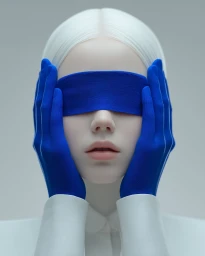 Close-up portrait of a woman with white hair covering eyes with bright blue gloved hands against a plain grey background
