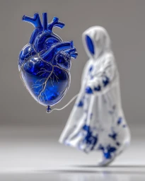 Giant glossy blue glass anatomical heart floating like a balloon held by a blurred figure in a white hooded coat against a plain background