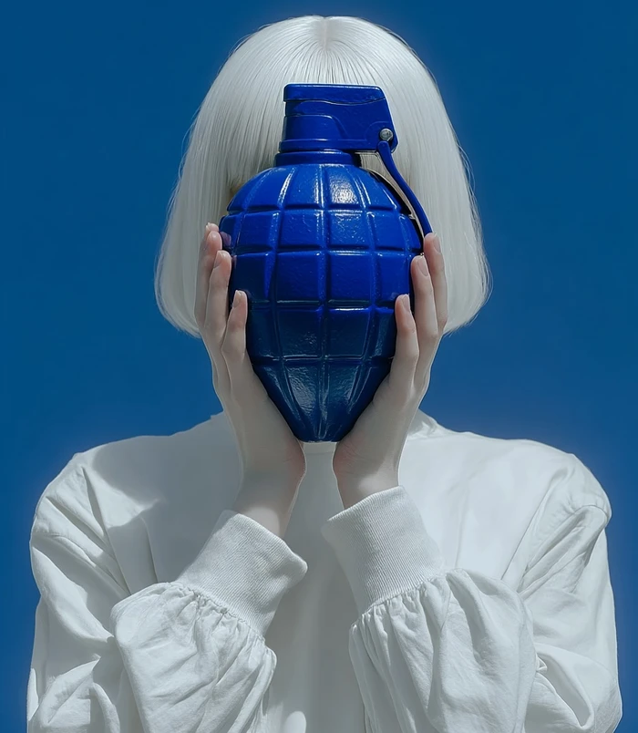 A person with white hair holding a glossy blue grenade in front of their face against a solid blue background