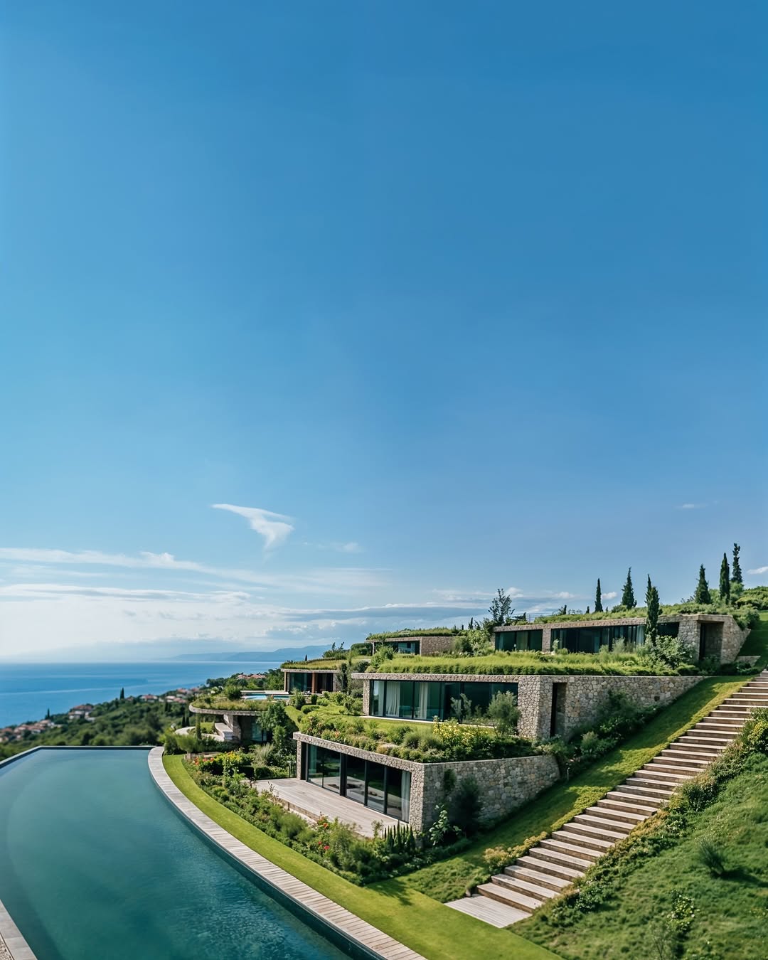 Modern hillside homes with green roofs and an infinity pool overlooking the sea on a sunny day with a clear blue sky overhead.