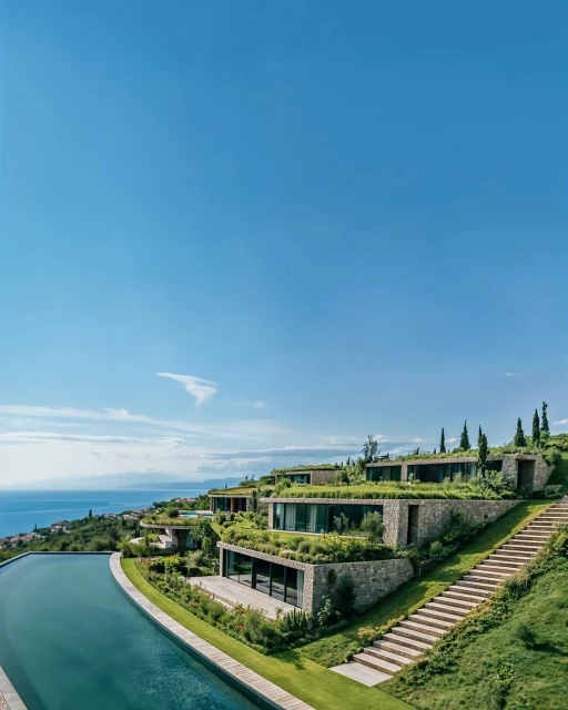 Modern hillside homes with green roofs and an infinity pool overlooking the sea on a sunny day with a clear blue sky overhead.
