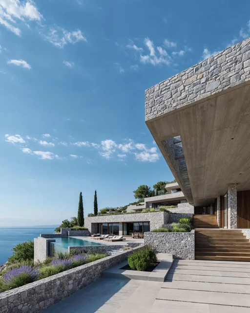Exterior of a modern stone house with a swimming pool overlooking the ocean under a clear sky; trees and plants surround the property.