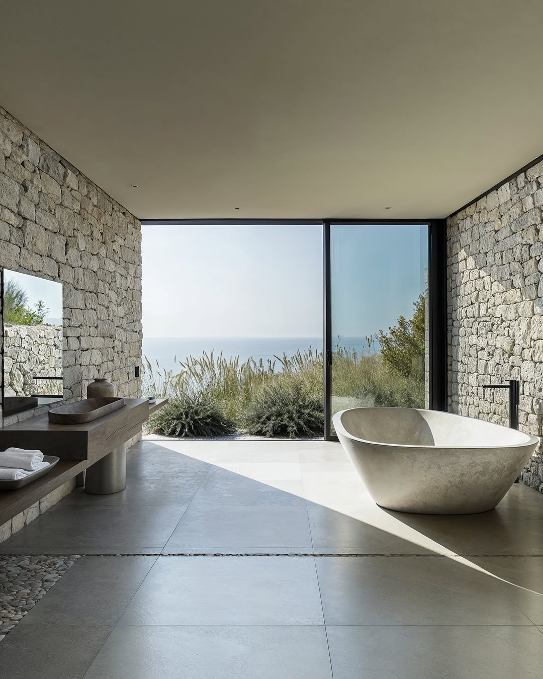Stone walled bathroom featuring a modern bathtub and open window overlooking the ocean and coastal vegetation in natural light.