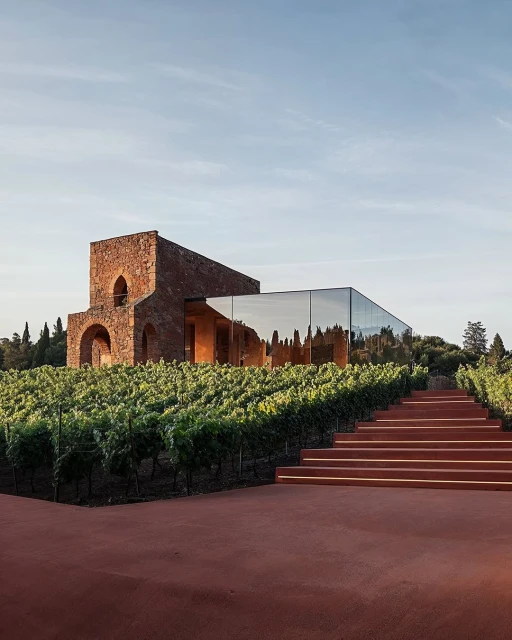 Architectural design featuring a modern building that combines stone and glass elements, surrounded by a vineyard and clear blue sky.