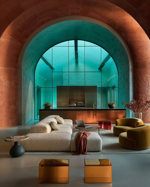 Architectural interior of a living room featuring a plush sofa, armchairs, and gold accent tables under an arched ceiling.