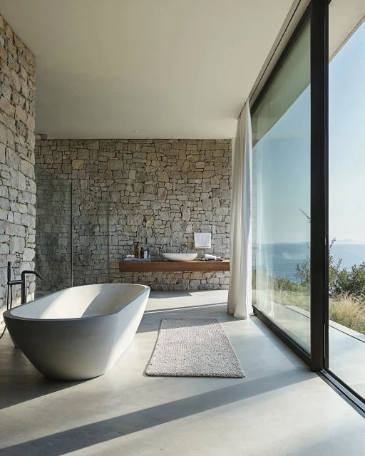 Modern bathroom with stone wall, freestanding tub, wood vanity, large windows with ocean view and neutral colors for spa-like retreat.