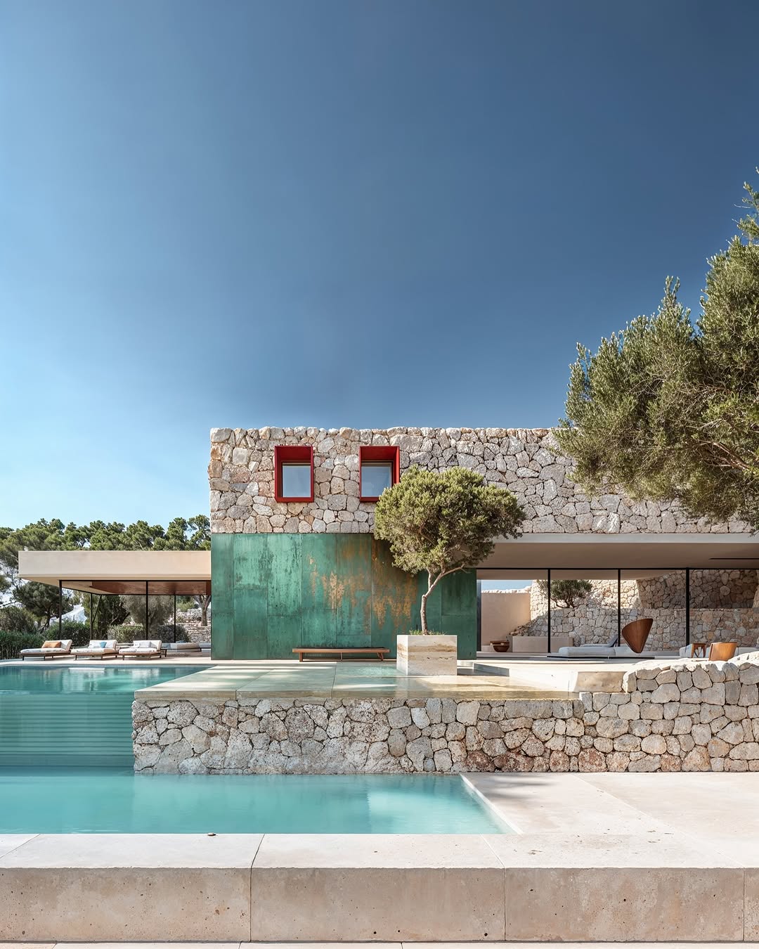 Exterior view of a modern stone house with red-framed windows next to a turquoise swimming pool and manicured landscaping on a clear day.