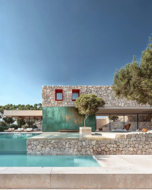 Exterior view of a modern stone house with red-framed windows next to a turquoise swimming pool and manicured landscaping on a clear day.