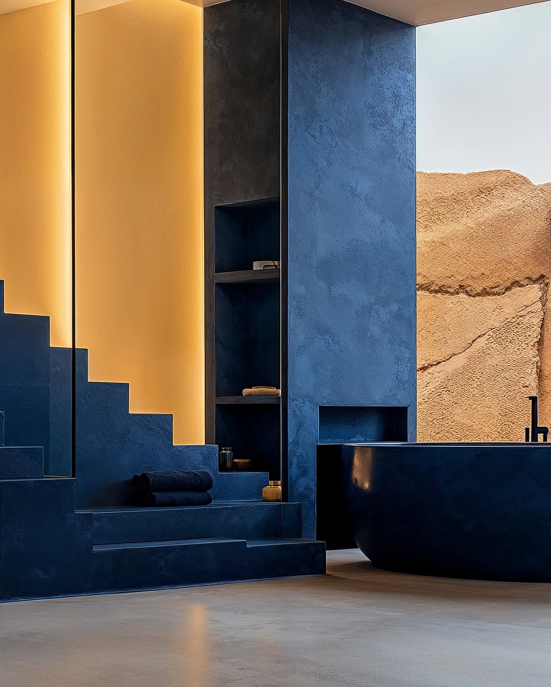 Modern bathroom with blue textured walls, a blue tub, and stairs, accented by warm yellow lighting, creating a minimalist and elegant space.