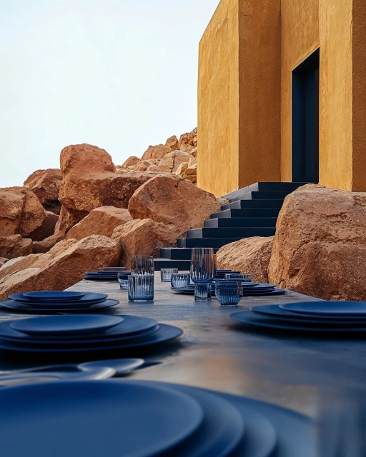 Table setting with blue plates and glassware outside a modern building in a rocky desert environment, bathed in soft, natural light.