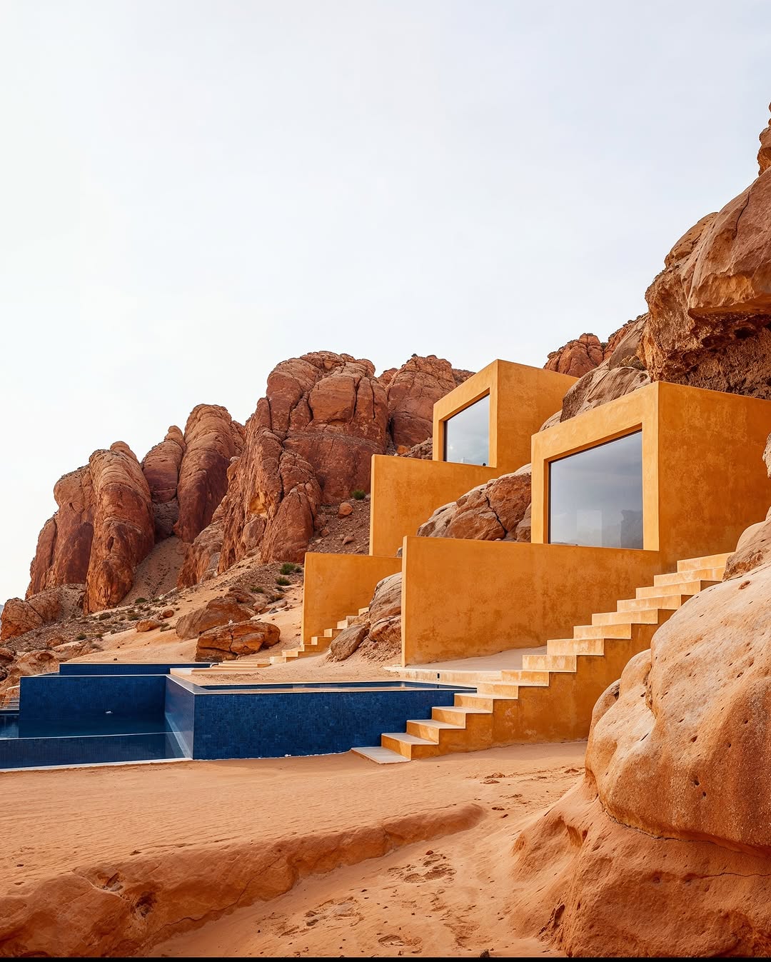 Desert architecture: A modern building with stairs is nestled into a rugged desert landscape with blue swimming pools in the foreground.