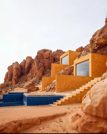 Desert architecture: A modern building with stairs is nestled into a rugged desert landscape with blue swimming pools in the foreground.
