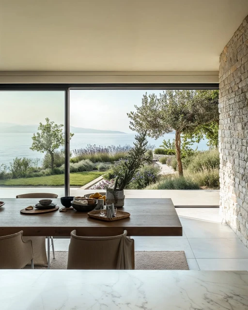 Bright and airy dining room interior with a wooden table set for a meal, opening to a scenic outdoor view of the sea and garden.