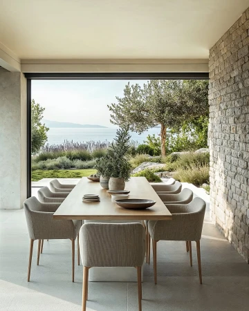 Outdoor dining area with a long wooden table, upholstered chairs, and view of a lake and trees, creating a serene atmosphere.