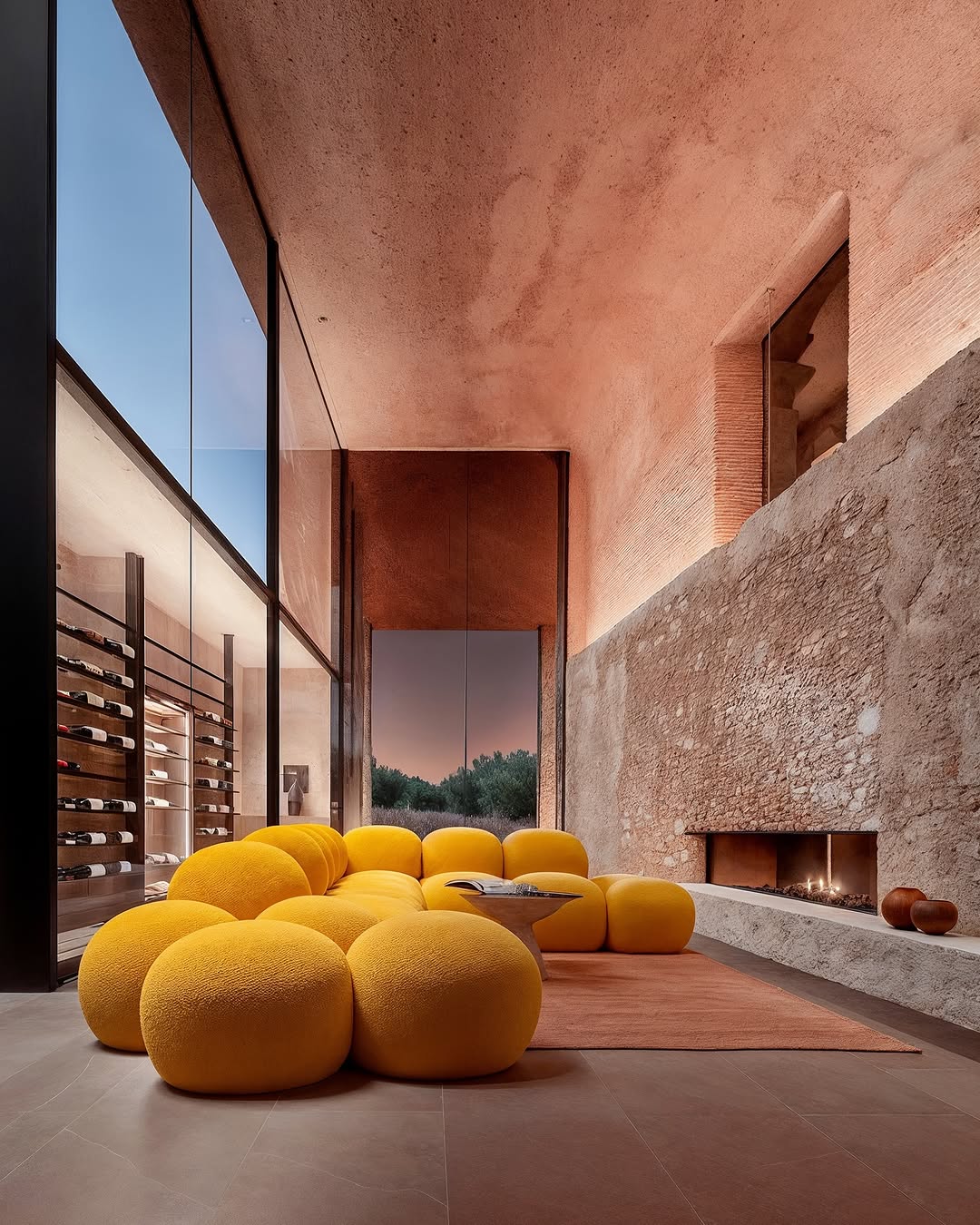 Contemporary living room with yellow modular sofa, stone walls, fireplace, wine rack, and large windows showcasing an outdoor view.
