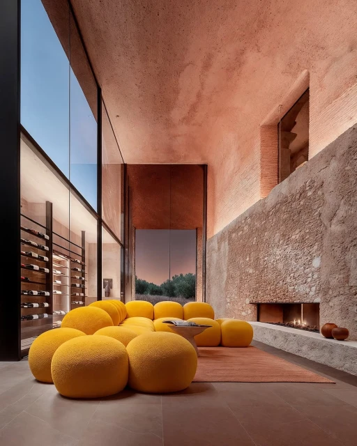 Contemporary living room with yellow modular sofa, stone walls, fireplace, wine rack, and large windows showcasing an outdoor view.