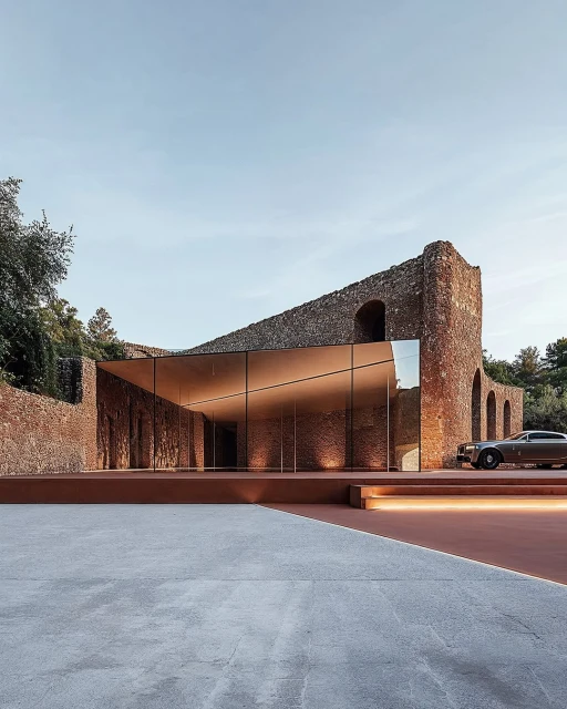 Modern architecture featuring a stone building with a contemporary glass addition, enhanced by soft lighting and a classic car.