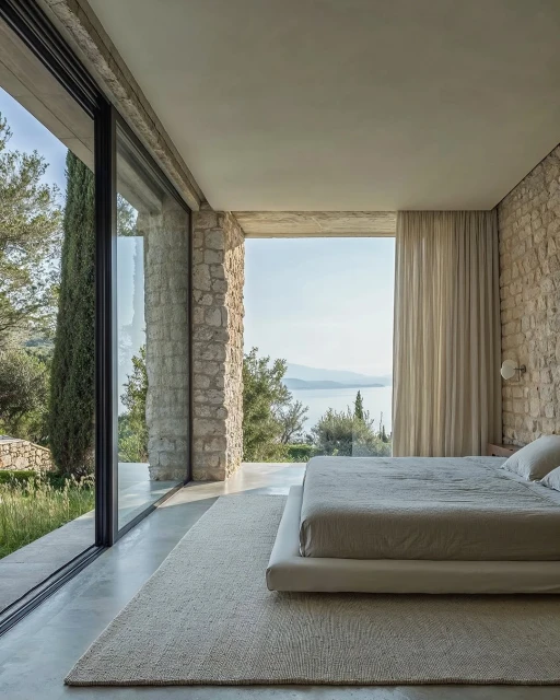 Minimalist bedroom featuring a large platform bed, neutral-toned rug, and floor-to-ceiling windows with a view of greenery and the sea.