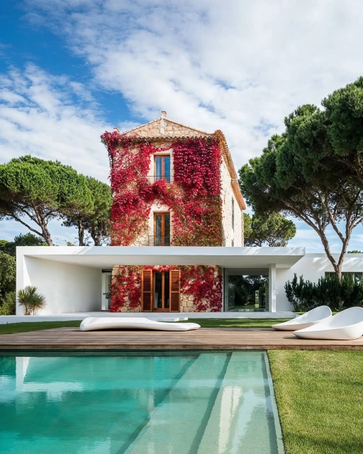 Exterior view of a modern house with white geometric features, red vines covering the facade, a pool, and pine trees under a blue sky.