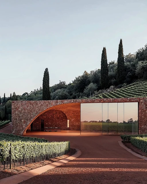 Exterior of modern red brick winery building with arched entryway and glass wall, surrounded by vineyard rows and green hillside.