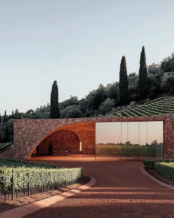 Exterior of modern red brick winery building with arched entryway and glass wall, surrounded by vineyard rows and green hillside.