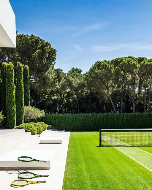 Outdoor shot of tennis rackets on a concrete platform next to a tennis court surrounded by green grass and trees under a blue sky.