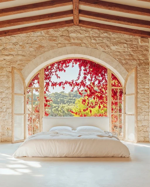 A bed is framed by an arched window with red vines, inside a stone room with a wooden ceiling in a naturally lit interior.