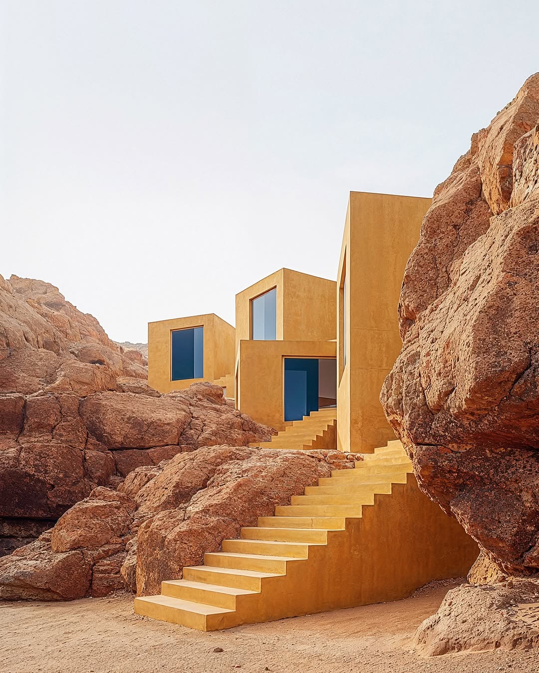 Geometric architecture amidst desert rocks features a yellow building with blue windows and stairs, blending modern design with the natural landscape.