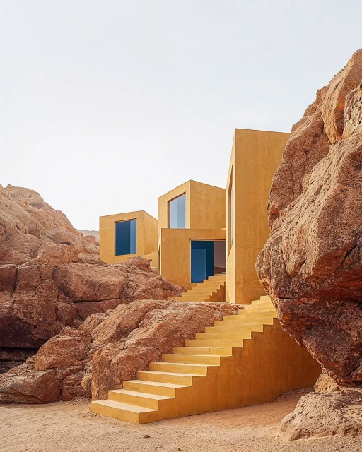 Geometric architecture amidst desert rocks features a yellow building with blue windows and stairs, blending modern design with the natural landscape.