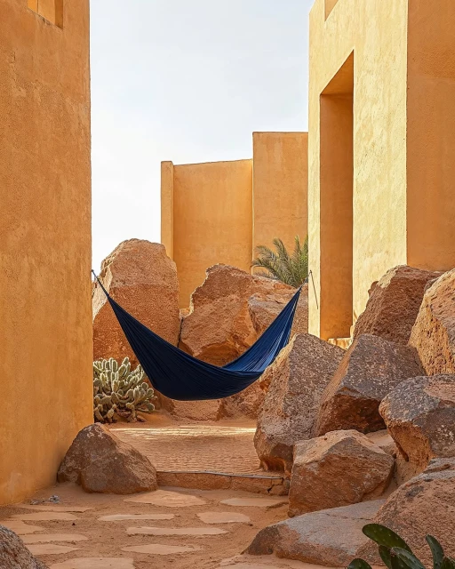 Hammock strung between walls and boulders in a courtyard, providing a relaxing oasis in a warm desert setting, travel destination.