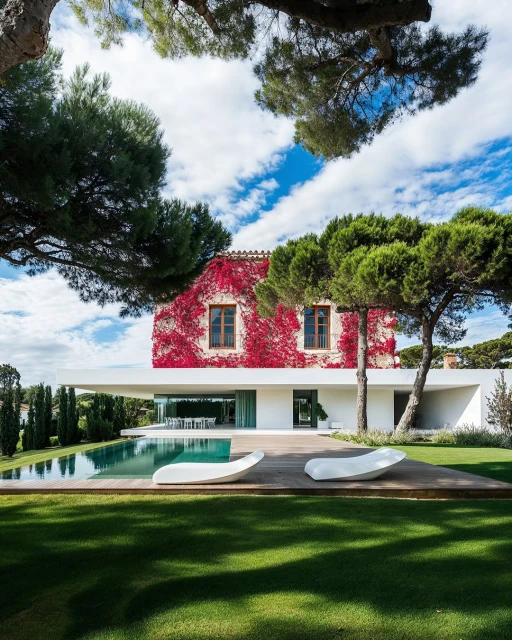 Exterior of a modern house with a swimming pool. The house is covered with red vines and surrounded by green trees and grass.