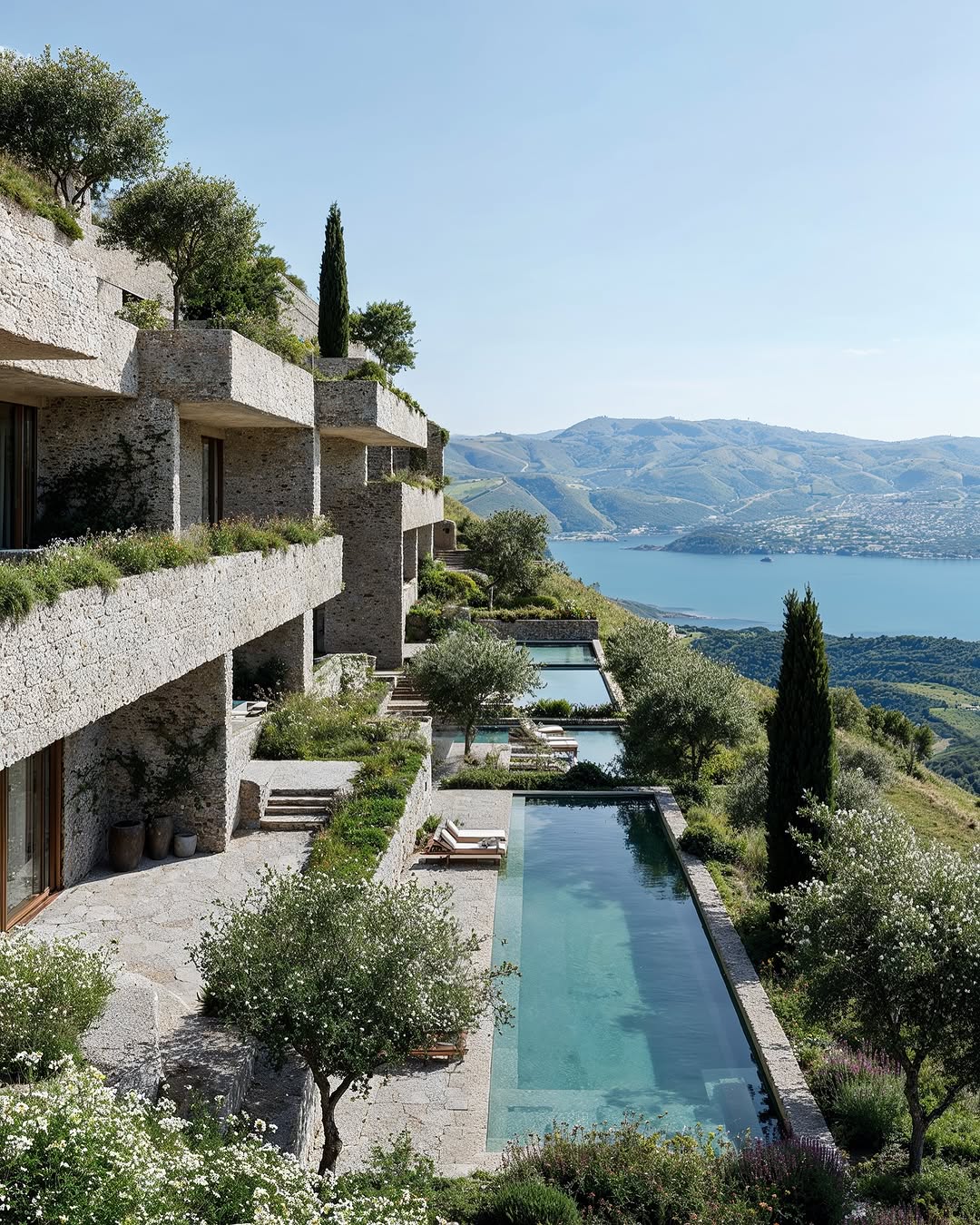 Exterior of a modern stone hotel complex featuring multiple levels with terraces, swimming pools, and a scenic backdrop of mountains and water.